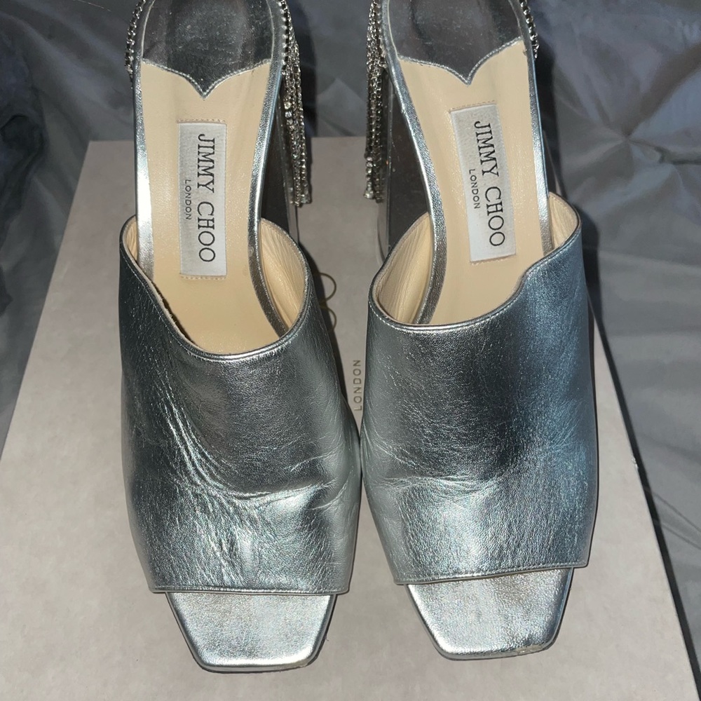 Jimmy Choo Baia 100 silver mules with rhinestone tassels
